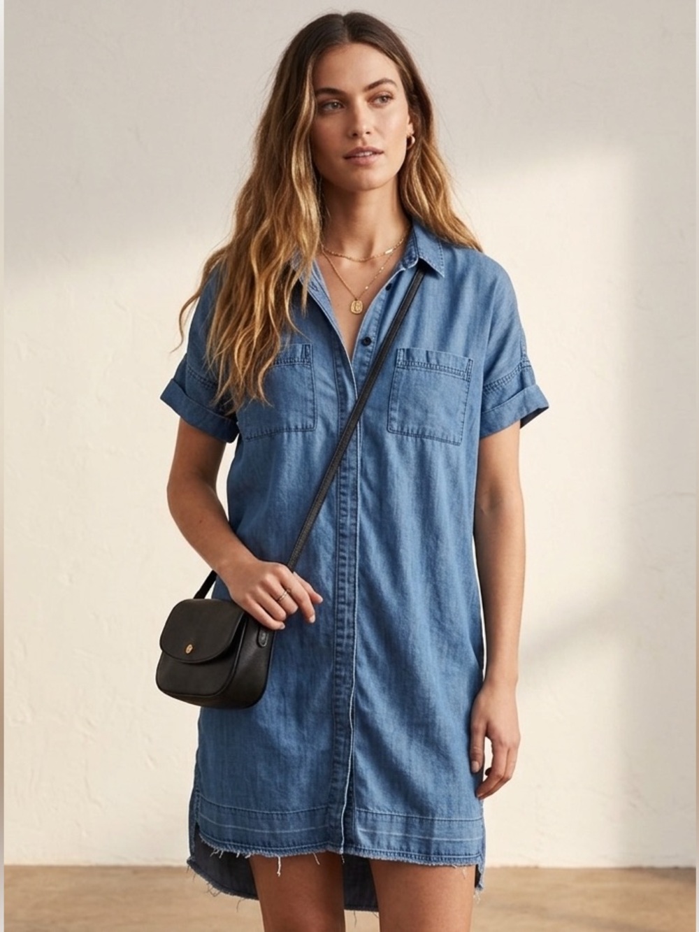 Madewell Mini Shirt Dress Chambray Short Sleeve Pockets Button Up Blue Size XS